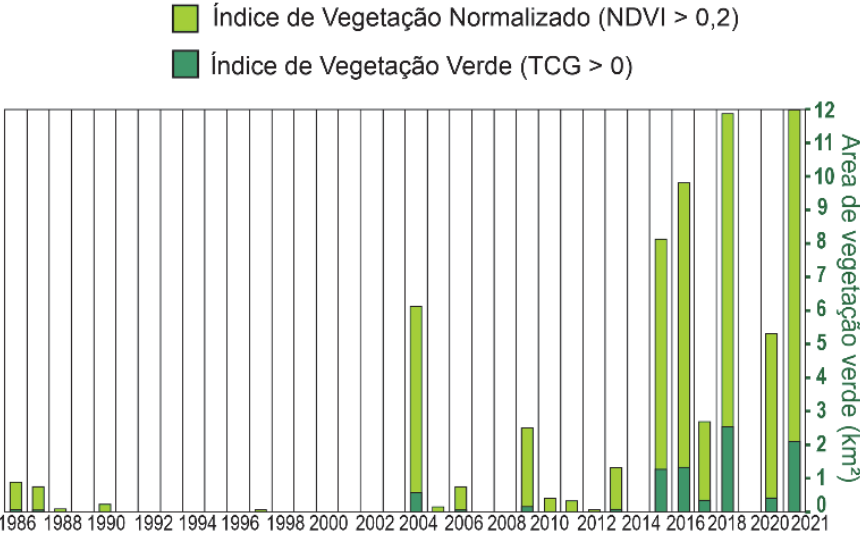 Gráfico de barras da evolução temporal da Área de vegetação verde (em km²) de 1986 a 2021 na Ilha Ardley, discriminando o Índice de Vegetação Normalizado (NDVI > 0,2) em verde-claro e o Índice de Vegetação Verde (TCG > 0) em verde-escuro. Observam-se picos de vegetação expressivos a partir de 2014, atingindo quase 12 km² em 2018 e 2021.