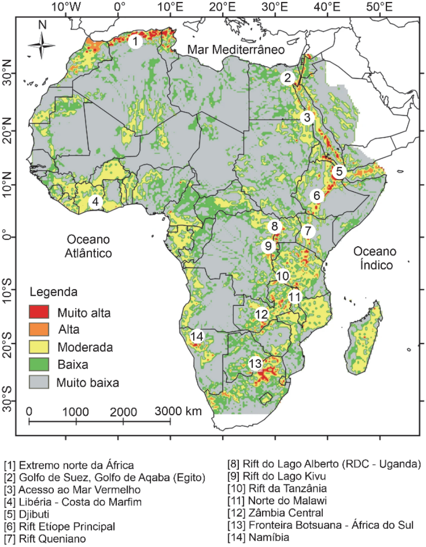 Mapa da África com limites dos países e distribuição do potencial geotérmico. A legenda classifica o potencial em Muito alta, em vermelho; Alta, em laranja; Moderada, em amarelo; Baixa, em verde; e Muito baixa, em cinza. Áreas de potencial alto e muito alto aparecem principalmente no extremo norte e ao longo da África Oriental. O mapa indica o norte por uma rosa dos ventos, longitudes de 10°W a 50°E e latitudes de 30°N a 30°S, em intervalos de 10°, e uma escala de 0, 1000, 2000 e 3000 km. Estão identificados o Mar Mediterrâneo, o Oceano Atlântico e o Oceano Índico. Os locais numerados são: [1] Extremo norte da África; [2] Golfo de Suez, Golfo de Aqaba (Egito); [3] Acesso ao Mar Vermelho; [4] Libéria - Costa do Marfim; [5] Djibuti; [6] Rift Etíope Principal; [7] Rift Queniano; [8] Rift do Lago Alberto (RDC - Uganda); [9] Rift do Lago Kivu; [10] Rift da Tanzânia; [11] Norte do Malawi; [12] Zâmbia Central; [13] Fronteira Botsuana - África do Sul; [14] Namíbia.