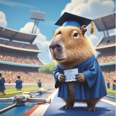 Ilustração gerada por inteligência artificial mostrando uma capivara antropomórfica vestindo beca azul e capelo de formatura, segurando um diploma em uma pista de corrida de estádio com arquibancadas ao fundo.