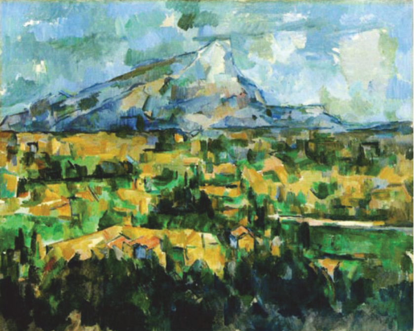 Pintura de uma paisagem com a montanha de Sainte-Victoire ao fundo, sob um céu azul-claro, e campos, árvores e pequenas construções em primeiro plano, representados por pinceladas em tons de verde, amarelo, azul e ocre.