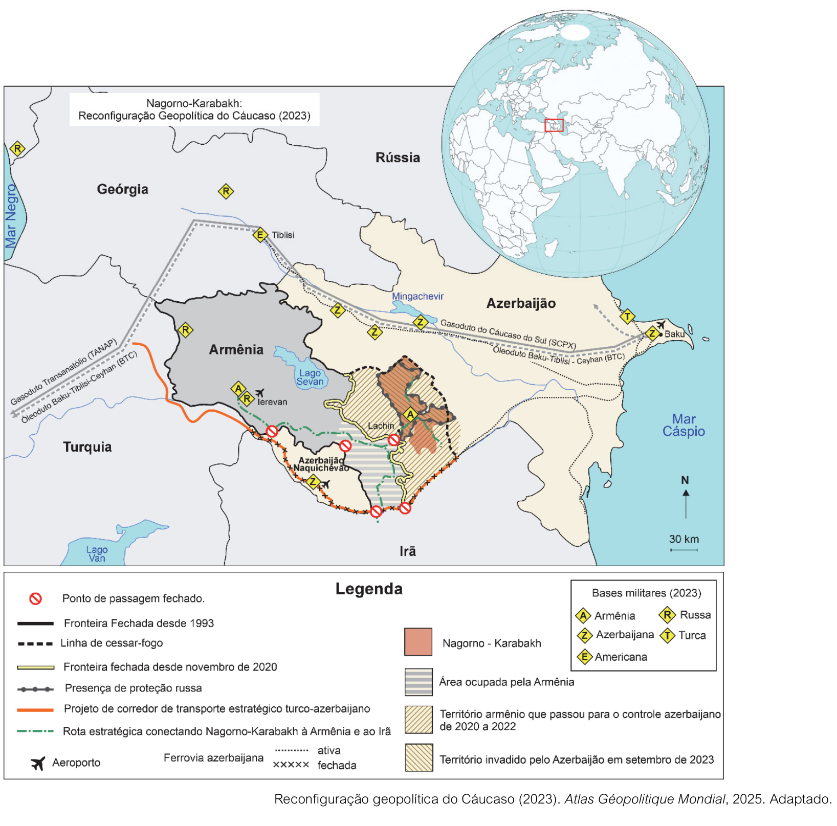 Mapa geopolítico do Cáucaso intitulado "Nagorno-Karabakh: Reconfiguração Geopolítica do Cáucaso (2023)", com destaque para Armênia, Azerbaijão, Geórgia, Turquia, Irã e Rússia, apresentando rotas de gasodutos e oleodutos, ferrovias, bases militares e áreas de conflito territorial.