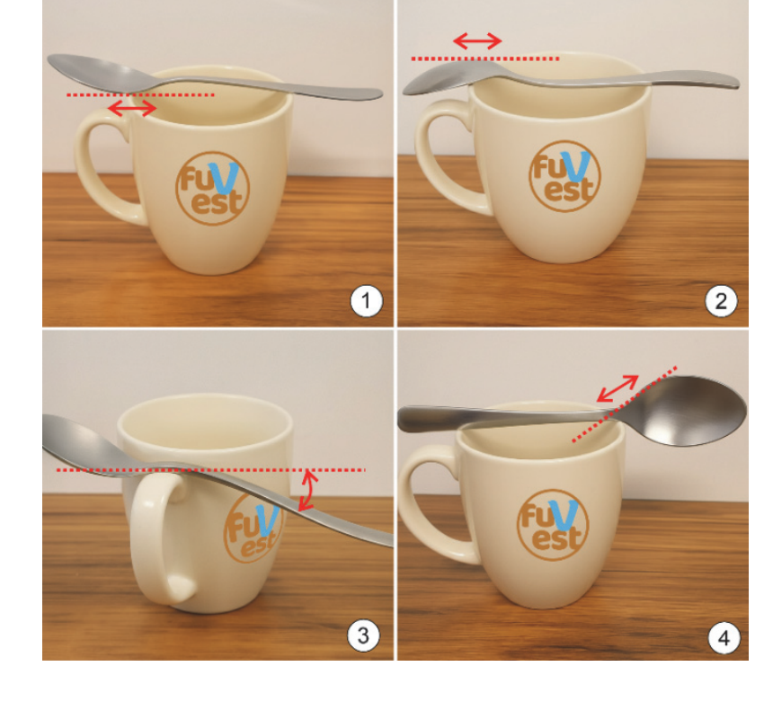 Quatro fotografias numeradas de 1 a 4 mostrando uma colher apoiada sobre a borda de uma xícara em diferentes situações de equilíbrio mecânico, acompanhadas de linhas pontilhadas e setas vermelhas de ponta dupla indicando possíveis direções de deslocamento.