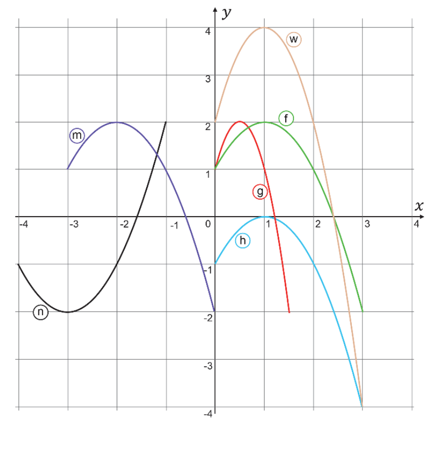Plano cartesiano com eixos x e y variando de -4 a 4, contendo gráficos de funções identificadas pelas letras w, f, g, h, m e n.