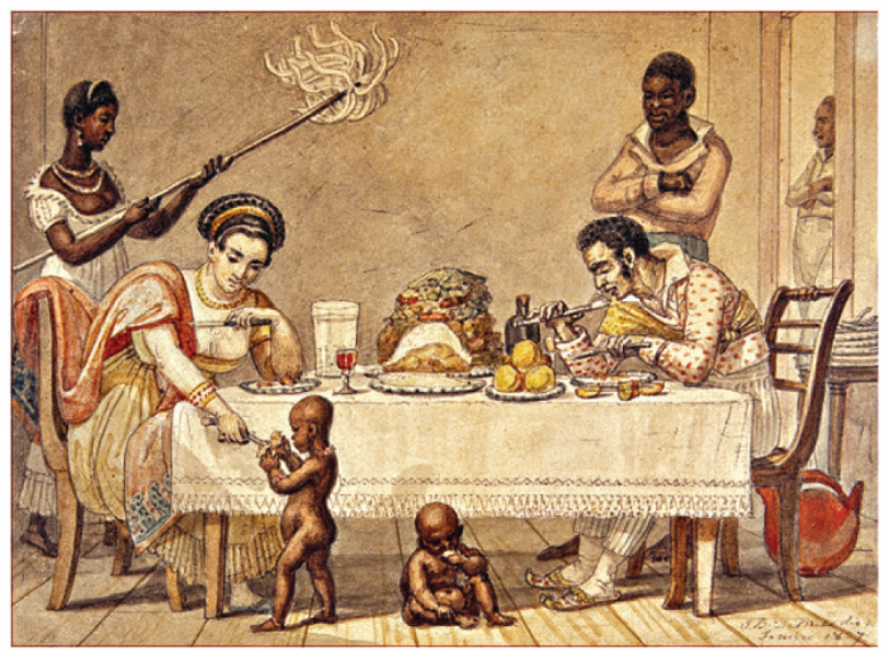 Pintura em aquarela de Jean-Baptiste Debret, "Um jantar brasileiro" (1827). Mostra uma família branca sentada à mesa durante uma refeição servida por pessoas negras escravizadas: uma mulher negra em pé com um abanador, duas crianças negras no chão aos pés da senhora, e um homem negro de braços cruzados observando ao fundo.