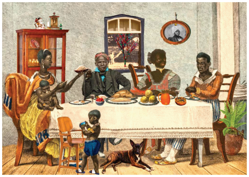 Colagem digital de Gê Viana, "Sentem para jantar" (2021). Releitura da obra de Debret em que pessoas negras ocupam os lugares sentados à mesa bem servida, com roupas sofisticadas. Uma criança negra de short azul olha um dispositivo em pé ao centro, e um cachorro está deitado no chão.