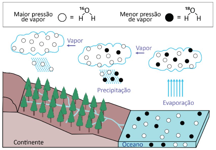 Esquema ilustrando o fracionamento isotópico de oxigênio da água entre o oceano e o continente. No topo, uma legenda mostra: círculo branco representa a molécula de água com oxigênio-16 (maior pressão de vapor); círculo preto representa a molécula com oxigênio-18 (menor pressão de vapor). Do oceano, ocorre evaporação de vapor para uma nuvem contendo ambos os isótopos. A nuvem se desloca em direção ao continente. Na primeira precipitação, caem moléculas com ambos os isótopos (com maior proporção de oxigênio-18 em relação à nuvem anterior), enquanto o vapor restante segue viagem enriquecido em oxigênio-16. Na segunda precipitação, mais ao interior do continente, precipitam apenas moléculas com oxigênio-16.