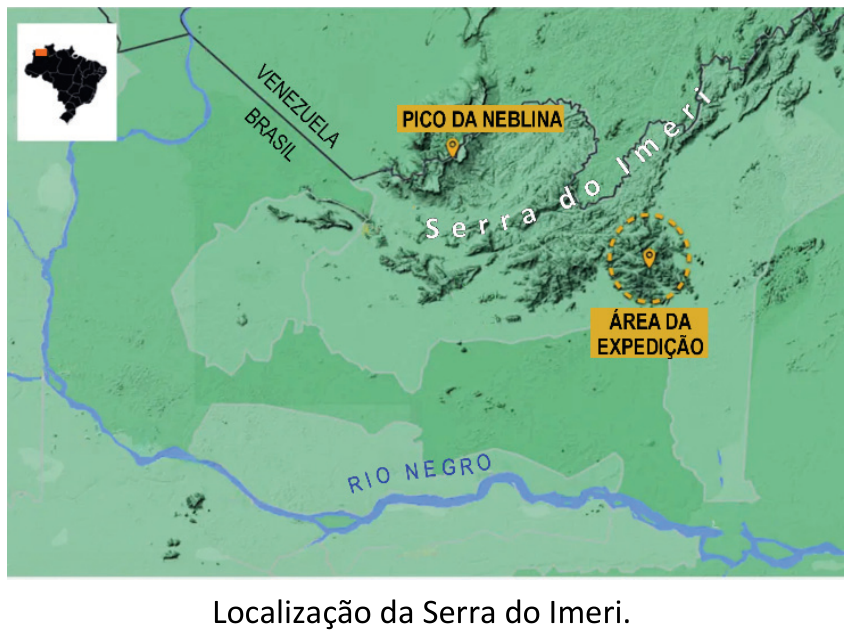 F1 Mapa em relevo da região da Serra do Imeri, na fronteira do Brasil com a Venezuela e ao norte do Rio Negro, indicando a localização do Pico da Neblina e da Área da Expedição demarcada por um círculo tracejado