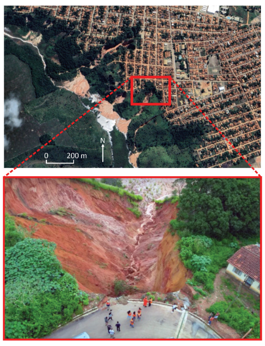 Imagem de satélite da área urbana de Buriticupu (MA) com escala de 0 a 200 m e indicação do Norte, contendo um retângulo vermelho sobre uma área erosiva, conectado por linhas tracejadas a uma fotografia aérea aproximada que mostra uma grande cratera erosiva (voçoroca) avançando até o limite de uma rua pavimentada onde pessoas observam.