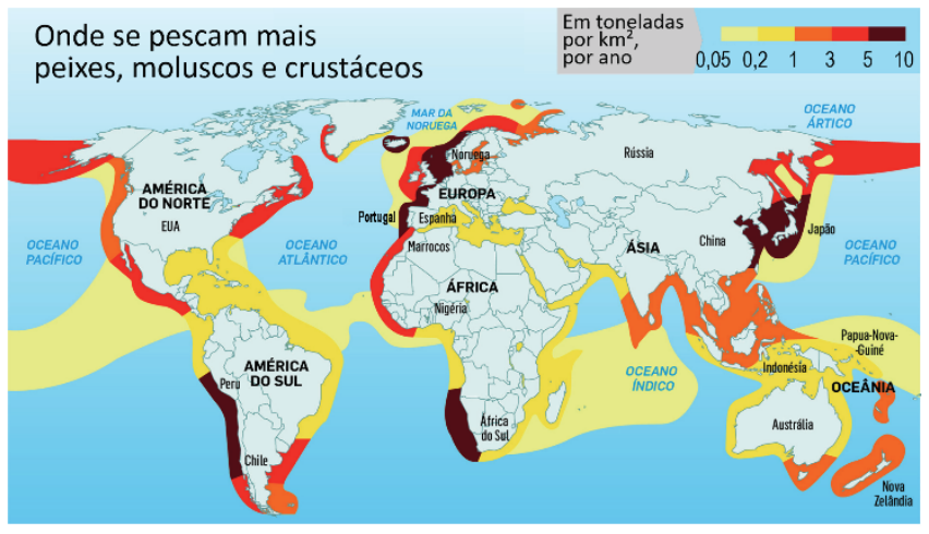 Mapa-múndi da distribuição da pesca no globo em toneladas por km² por ano, intitulado "Onde se pescam mais peixes, moluscos e crustáceos", com legenda em escala cromática variando de amarelo-claro (0,05) a marrom-escuro (10). As áreas mais produtivas aparecem em destaque nas faixas litorâneas do noroeste da América do Sul (costa do Peru e Chile), do sudoeste da África (costa da Namíbia e África do Sul), do nordeste do Atlântico e do leste/sudeste da Ásia.