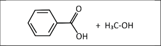 Fórmula estrutural do ácido benzoico, com um anel benzênico ligado a C(=O)–OH, seguida de um sinal de adição e de H₃C–OH.
