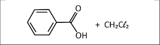 Fórmula estrutural do ácido benzoico, com um anel benzênico ligado a C(=O)–OH, seguida de um sinal de adição e de CH₂Cl₂.
