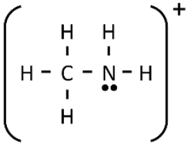 Estrutura entre parênteses com carga positiva indicada no canto superior direito. O carbono está ligado a três hidrogênios e ao nitrogênio; o nitrogênio está ligado a dois hidrogênios e apresenta um par de elétrons não ligantes, representado por dois pontos.