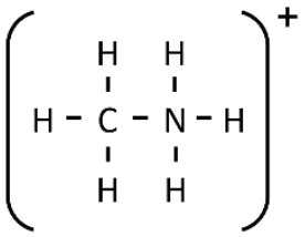 Estrutura entre parênteses com carga positiva indicada no canto superior direito. O carbono está ligado a três hidrogênios e ao nitrogênio; o nitrogênio está ligado a três hidrogênios, sem pontos representando elétrons não ligantes.