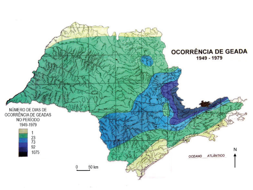 Mapa do Estado de São Paulo intitulado "Ocorrência de geada 1949 - 1979", mostrando a distribuição espacial do número de dias de ocorrência de geadas no período. A legenda em tons de verde, azul e preto varia de 1 a 1075 dias, com os maiores registros concentrados na porção leste e nordeste do estado.
