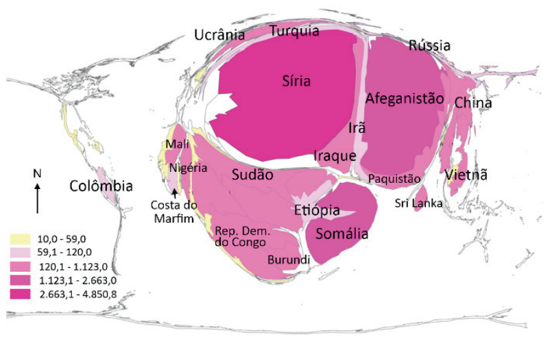 Mapa-múndi em anamorfose geográfica com deformação acentuada de certos países, destacando-se em grande proporção a Síria e o Afeganistão, seguidos por Sudão, Somália, Etiópia, Iraque e outros, todos em tons de rosa e magenta escuro, enquanto as Américas, Europa, Oceania e a maior parte da Ásia aparecem com dimensões muito reduzidas. À esquerda, há a indicação do Norte e uma escala com intervalos de 10,0 a 4.850,8 associados a tonalidades de amarelo e magenta.