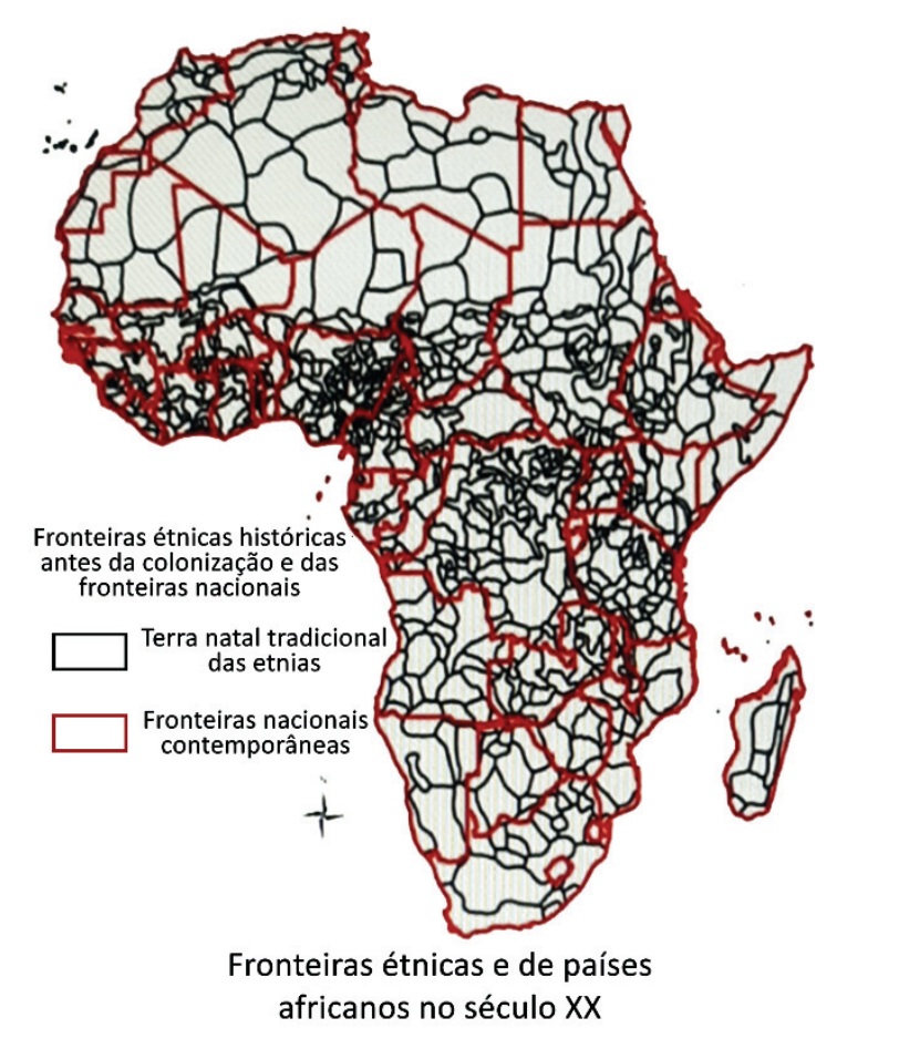 Mapa do continente africano com a sobreposição de fronteiras étnicas históricas anteriores à colonização (linhas pretas delimitando as terras natais tradicionais de inúmeras etnias) e fronteiras nacionais contemporâneas (linhas vermelhas delimitando os países africanos no século XX). Observa-se uma quantidade muito grande de divisões étnicas em relação ao número de Estados contemporâneos, com divisões étnicas maiores e menos densas ao norte (Saara) e extremamente densas e fragmentadas na África Subsaariana.