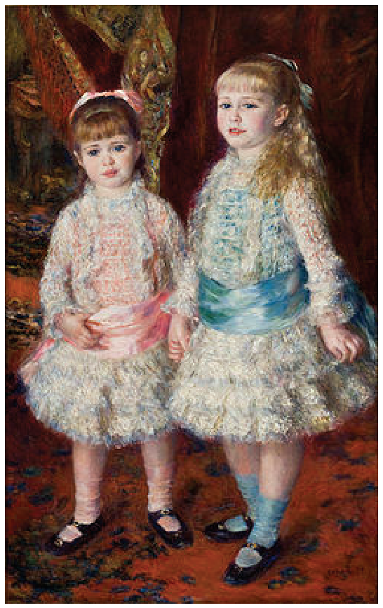 Pintura a óleo "Rosa e Azul", de Pierre-Auguste Renoir, retratando duas meninas em pé lado a lado; a da esquerda veste vestido branco com laço e meias rosas, e a da direita veste vestido branco com laço e meias azuis.