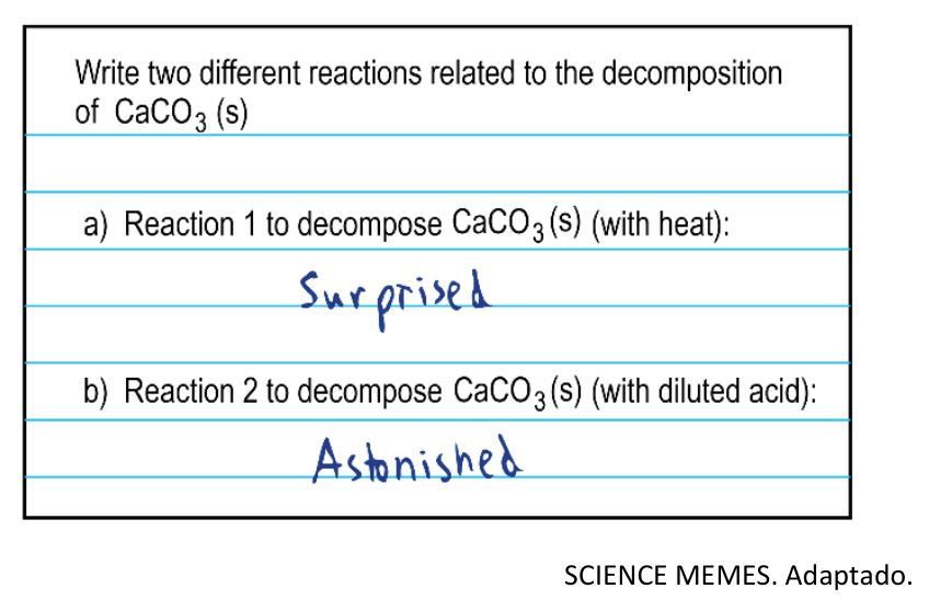 F1 Meme em formato de exercício escolar pautado com o enunciado em inglês: "Write two different reactions related to the decomposition of CaCO₃ (s)". Para o item "a) Reaction 1 to decompose CaCO₃(s) (with heat):", a resposta manuscrita é "Surprised". Para o item "b) Reaction 2 to decompose CaCO₃(s) (with diluted acid):", a resposta manuscrita é "Astonished".