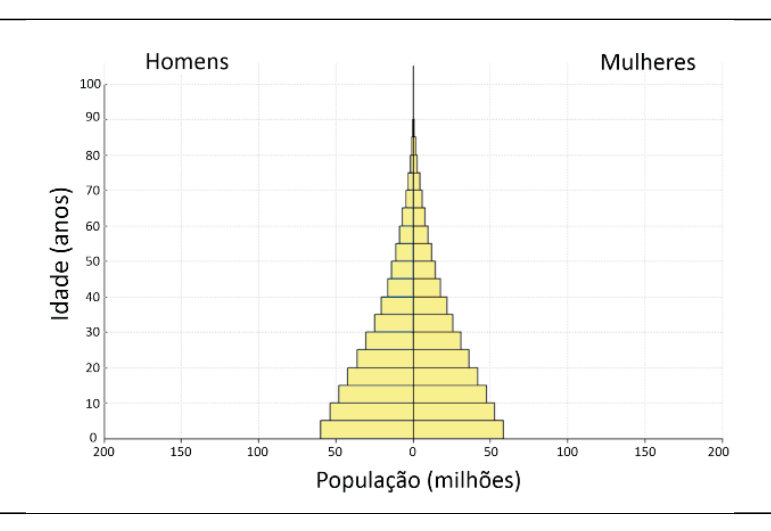 F2 Pirâmide etária com barras horizontais amarelas, “Homens” à esquerda e “Mulheres” à direita. Eixo vertical “Idade (anos)”, de 0 a 100, com marcações a cada 10 anos; eixo horizontal “População (milhões)”, com zero ao centro e valores de 50, 100, 150 e 200 para cada lado. A pirâmide tem base de aproximadamente 60 milhões de cada sexo na faixa de 0 a 5 anos e se estreita progressivamente até o topo, com população muito pequena nas faixas próximas de 100 anos.