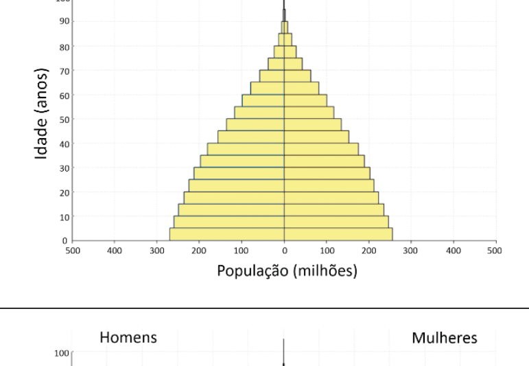 F4 Pirâmide etária com barras horizontais amarelas, “Homens” à esquerda e “Mulheres” à direita. Eixo vertical “Idade (anos)”, de 0 a 100, com marcações a cada 10 anos; eixo horizontal “População (milhões)”, com zero ao centro e valores de 100 a 500, em intervalos de 100, para cada lado. A base apresenta aproximadamente 270 milhões de homens e 250 milhões de mulheres. As barras se estreitam progressivamente com o aumento da idade, formando uma pirâmide de base larga e topo estreito.