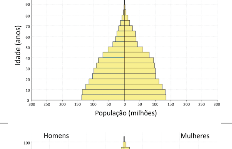 F5 Pirâmide etária com barras horizontais amarelas, “Homens” à esquerda e “Mulheres” à direita. Eixo vertical “Idade (anos)”, de 0 a 100, com marcações a cada 10 anos; eixo horizontal “População (milhões)”, com zero ao centro e valores de 50 a 300, em intervalos de 50, para cada lado. A base apresenta aproximadamente 140 milhões de homens e 135 milhões de mulheres. As barras se estreitam com o aumento da idade, com pequena variação de largura entre 25 e 40 anos e estreitamento mais acentuado acima de 40 anos, até um topo muito estreito.