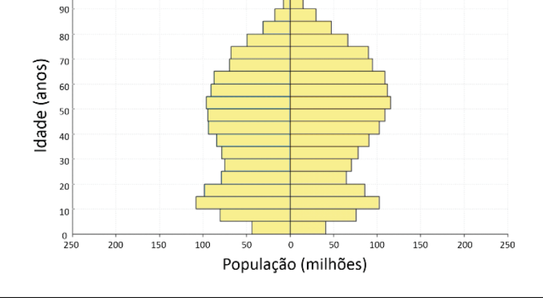 F6 Pirâmide etária com barras horizontais amarelas, “Homens” à esquerda e “Mulheres” à direita. Eixo vertical “Idade (anos)”, de 0 a 100, com marcações a cada 10 anos; eixo horizontal “População (milhões)”, com zero ao centro e valores de 50 a 250, em intervalos de 50, para cada lado. A base, de 0 a 5 anos, tem aproximadamente 45 milhões de homens e 40 milhões de mulheres. As barras se alargam até cerca de 100 milhões entre 10 e 15 anos, tornam-se mais estreitas entre 20 e 35 anos e voltam a se alargar nas faixas de 40 a 60 anos, com largura máxima próxima de 110 milhões entre 50 e 55 anos. Acima dessas idades, estreitam-se progressivamente até o topo.