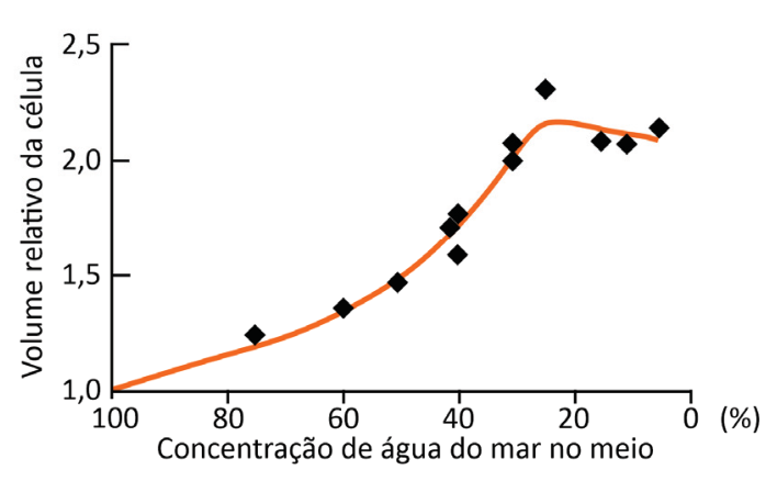 Gráfico com eixos cartesianos: o eixo vertical representa o 'Volume relativo da célula' (escala de 1,0 a 2,5) e o eixo horizontal representa a 'Concentração de água do mar no meio (%)', decrescendo da esquerda para a direita de 100 a 0. Uma curva contínua ajustada sobre pontos experimentais (em formato de losango) parte do ponto (100; 1,0), sobe de forma aproximadamente linear/sigmoidal até atingir cerca de 2,2 no valor de 25% e, a partir daí, estabiliza-se num platô ligeiramente acima de 2,0 até próximo a 0%.