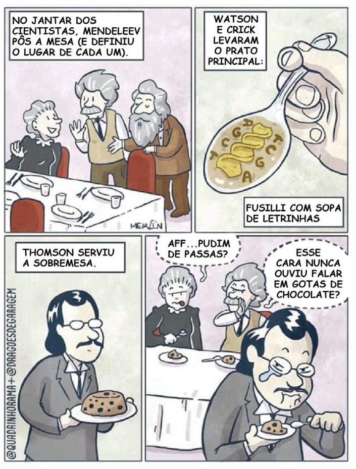 Quadrinho de quatro quadros intitulado "No jantar dos cientistas", parodiando descobertas científicas: Mendeleev organizando os lugares à mesa; Watson e Crick servindo macarrão fusilli em dupla hélice com letrinhas A, T, C, G; e Thomson servindo um pudim de passas como sobremesa.