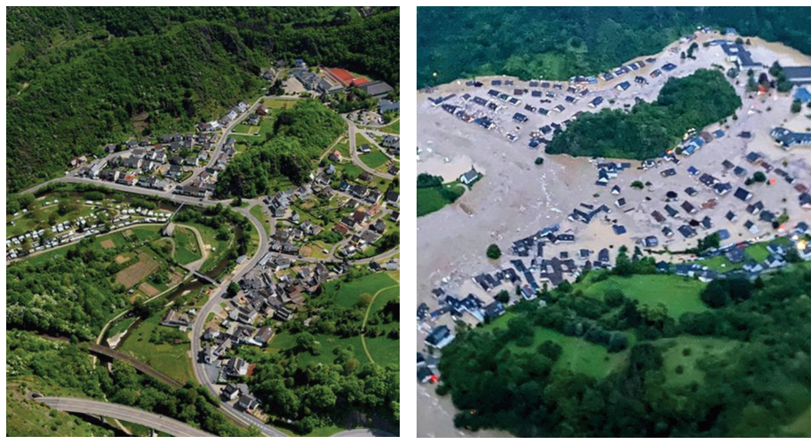 Fotografias aéreas da área urbana de Schuld, na Alemanha, antes e depois da inundação. À esquerda, a área urbana antes do evento com um rio de traçado meandrante correndo pelo vale entre morros cobertos de vegetação. À direita, a mesma área após a enchente, totalmente inundada por águas barrentas que cobrem ruas e casas no fundo do vale.