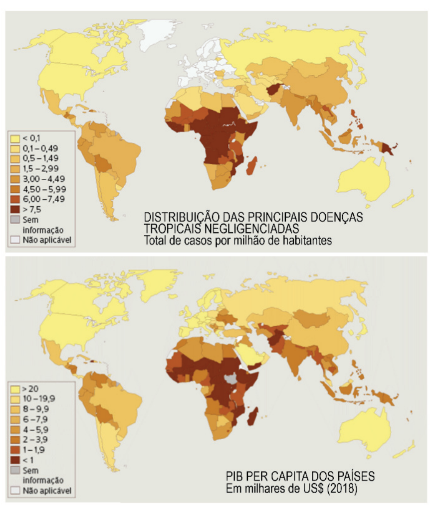 Dois planisférios temáticos mundiais. O mapa superior mostra a "Distribuição das principais doenças tropicais negligenciadas: Total de casos por milhão de habitantes", com legenda variando de tons claros (< 0,1) a tons castanho-escuros (> 7,5), além de categorias para "Sem informação" e "Não aplicável". O mapa inferior mostra o "PIB per capita dos países: Em milhares de US$ (2018)", com escala de cores semelhante, variando de amarelo claro (> 20) a castanho-escuro (< 1).
