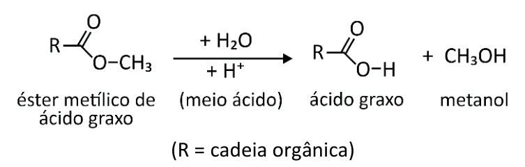 Esquema da reação de hidrólise de éster metílico de ácido graxo na presença de água e meio ácido (H+), formando ácido graxo e metanol, com a indicação R = cadeia orgânica.