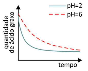 Gráfico de quantidade de ácido graxo versus tempo: ambas as curvas partem de um valor positivo alto e decrescem com o tempo, com a curva de pH=2 decrescendo mais rapidamente do que a de pH=6.