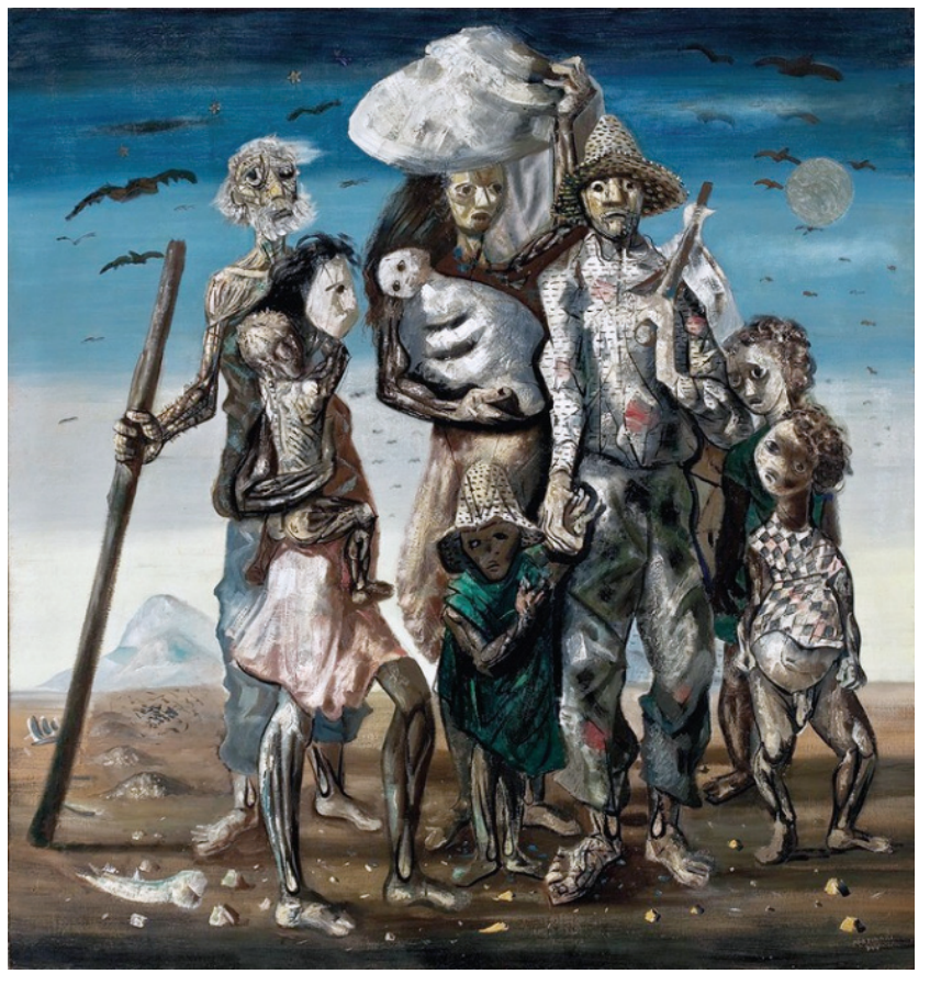 Pintura "Os retirantes" (1944) de Candido Portinari, que retrata um grupo de retirantes esquálidos e maltrapilhos caminhando em uma paisagem árida sob um céu azul escuro com aves de rapina sobrevoando.