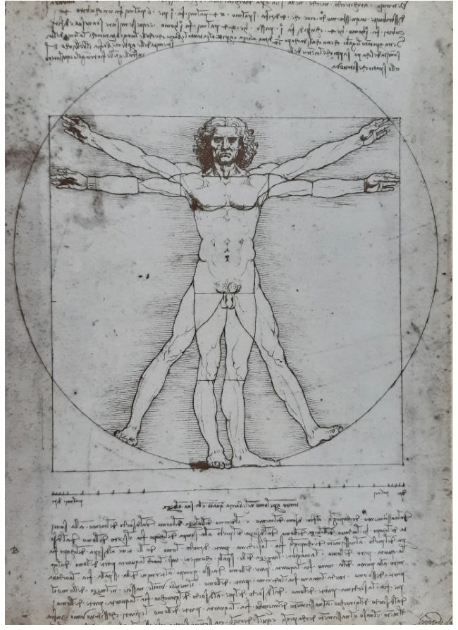 O Homem Vitruviano, desenho de Leonardo da Vinci representando um homem nu em duas posições sobrepostas com braços e pernas abertos, simultaneamente inscrito em um quadrado e em um círculo, acompanhado de anotações manuscritas acima e abaixo da ilustração.