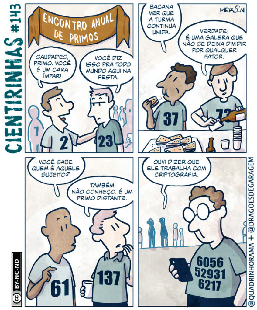 Tirinha "Cientirinhas #143", com o título "Encontro Anual de Primos", na qual personagens vestidos com camisetas estampando números primos conversam em uma festa, fazendo trocadilhos matemáticos relacionados a conceitos da teoria dos números.