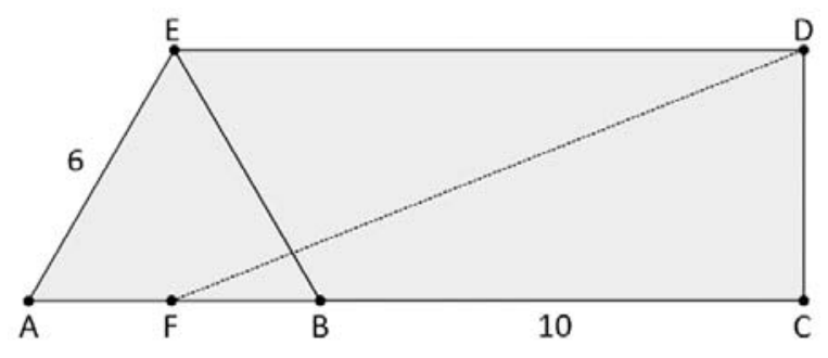 Representação geométrica com os segmentos horizontais paralelos AC e DE, perpendiculares ao segmento vertical CD. O triângulo ABE possui base AB contida em AC e vértice E. O ponto F está entre A e B, conectado ao ponto D por uma linha tracejada. O lado AE tem comprimento 6 e o segmento BC tem comprimento 10.