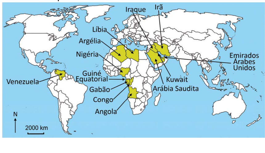 Mapa-múndi destacando em amarelo os seguintes países: Venezuela, Argélia, Líbia, Nigéria, Guiné Equatorial, Gabão, Congo, Angola, Arábia Saudita, Kuwait, Iraque, Irã e Emirados Árabes Unidos. Há indicação do Norte e barra de escala de 2000 km.