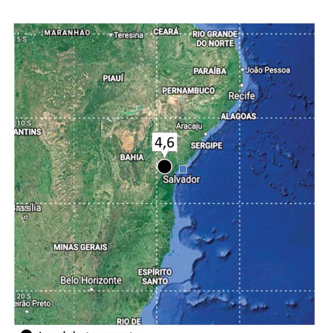 Mapa da região Nordeste e Sudeste do Brasil com foco no estado da Bahia, indicando a localização de um terremoto de magnitude 4,6 próximo a Salvador.