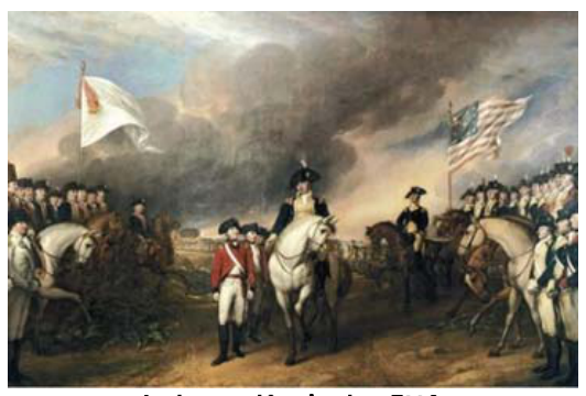 F3 Pintura retratando a rendição britânica na Guerra de Independência dos Estados Unidos com George Washington