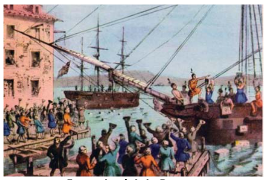 F5 Pintura histórica retratando a Festa do Chá de Boston com colonos lançando caixas de chá ao mar a partir de um navio