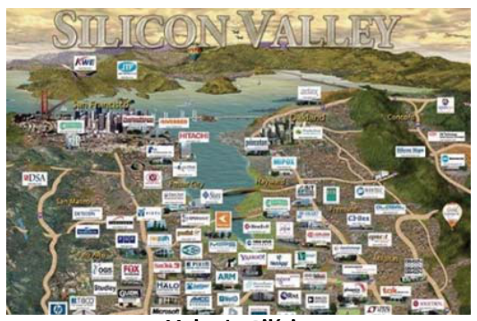 F6 Mapa ilustrado da Baía de São Francisco exibindo logotipos de empresas no Vale do Silício