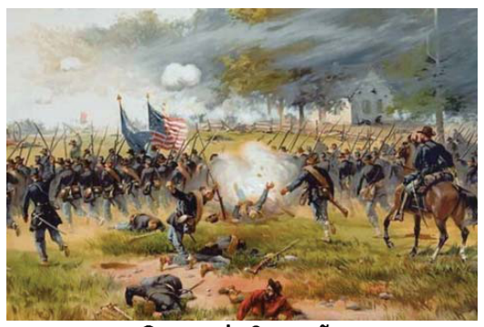 F7 Pintura retratando um campo de batalha durante a Guerra de Secessão com soldados em combate e bandeira dos EUA