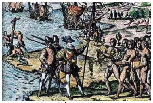 F9 Gravura retratando o desembarque de colonizadores europeus na praia sendo recebidos por indígenas