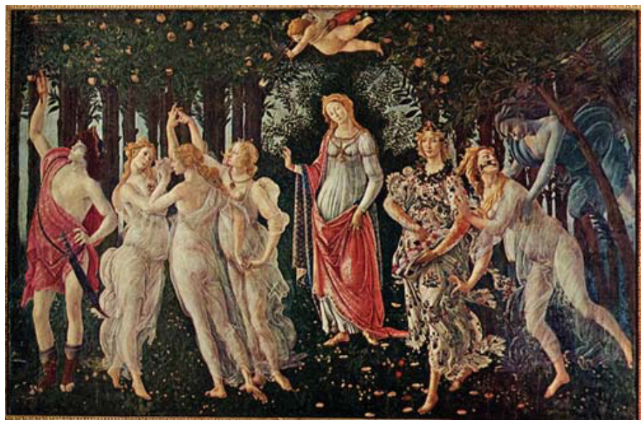 Pintura "A Primavera", de Sandro Botticelli, retratando figuras mitológicas em um bosque de laranjeiras: à esquerda, Mercúrio e as Três Graças; ao centro ligeiramente recuada, a deusa Vênus com Cupido sobrevoando-a; à direita, Flora, a ninfa Clóris e o deus do vento Zéfiro.