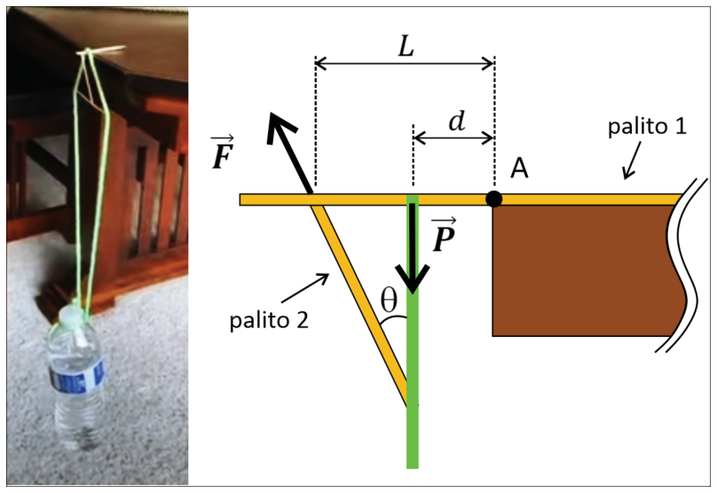 Foto de uma garrafa suspensa por uma estrutura de palitos presa na borda de uma mesa e esquema das forças F e P atuando sobre o palito 1