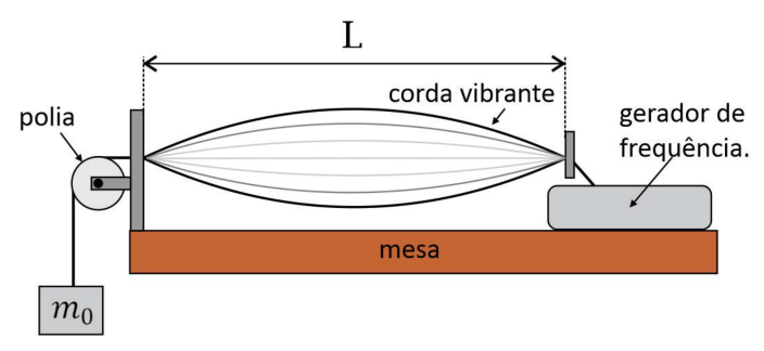 F1 Esquema experimental mostrando uma mesa horizontal sobre a qual repousa um gerador de frequência à direita. Uma corda vibrante de comprimento L vibra em seu primeiro harmônico. Na extremidade esquerda, a corda passa por uma polia sustentando um bloco suspenso de massa m₀.