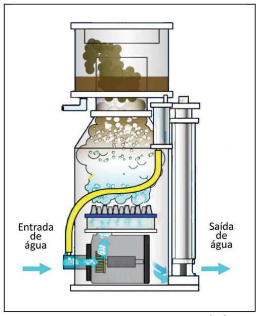 Esquema de um Skimmer, com entrada de água indicada por uma seta à esquerda, na parte inferior, e saída de água indicada por uma seta à direita. Uma bomba na base produz bolhas de ar que sobem pelo corpo do aparelho, levando matéria orgânica até um recipiente coletor na parte superior. Uma mangueira amarela liga a região da entrada à parte intermediária do aparelho, e tubos laterais conduzem a água até a saída.