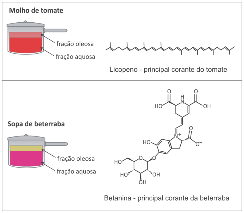 Quadro comparativo entre molho de tomate e sopa de beterraba, ilustrando em panelas as frações oleosa e aquosa de cada um, ao lado das estruturas químicas do licopeno (principal corante do tomate) e da betanina (principal corante da beterraba).