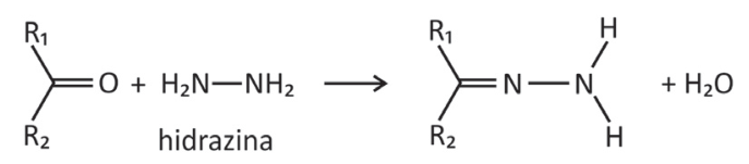 Esquema da reação geral de uma cetona com hidrazina, formando hidrazona e água.