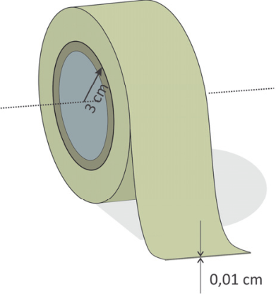 Rolo de fita crepe em torno de um cilindro de papelão, com uma ponta da fita desenrolada. Uma seta indica o raio externo do cilindro central, de 3 cm, e duas setas indicam a espessura da fita, de 0,01 cm. Uma linha pontilhada atravessa o eixo do rolo.